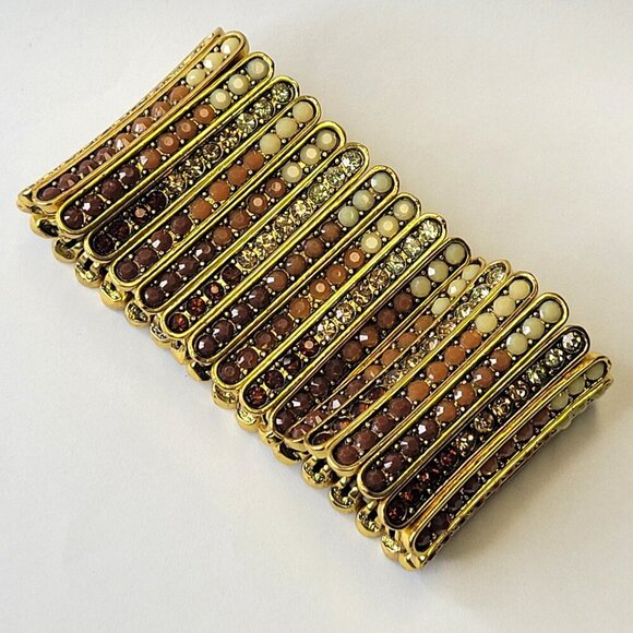 Gold Tone and Brown Wide Cuff Embellished Stretchy Bracelet - Picture 7 of 12